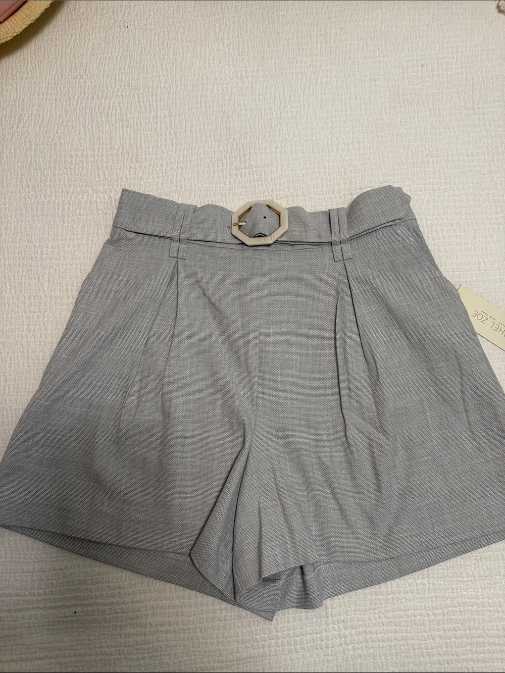 Rachel Zoe Light Gray High-Waist Pleated Shorts with Hex Buckle